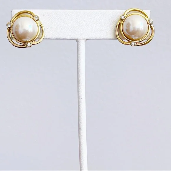 Vintage Gold Tone CZ Faux Pearl Statement Earrings
